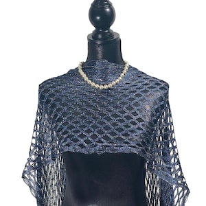 Navy blue & silver shawl Dark navy knit scarf, throw with a highlight of silver flex thread intertwinred in the knit Great evening accessory