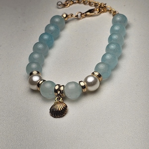 Ocean Breeze Bracelet - Light Blue & Gold with Pearls and Shell Pendant