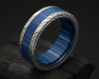 Damascus Steel Ring, Blue Whiskey Barrel Wood Inlay, Unique Wedding Band