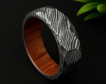 Viking Damascus Ring, Rock Hammered Band, Mens Wedding Band, Wood Ring, Anniversary Gift, Mens Ring, Engagement Ring