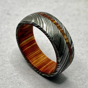 Charred Whiskey Barrel Damascus Wedding Band 8mm, Promise Ring for Boyfriend, Anniversary Gift for Husband, Unique Modern Handmade Ring