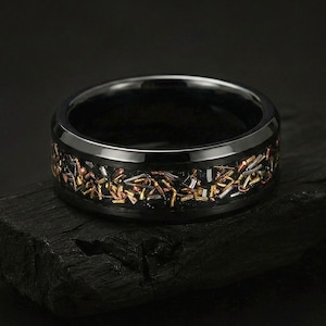 Reclaimed Bullet Shell Ring - Fathers Day Gifts for Dad, Mens Wedding Band - Gunmetal Tungsten Band with Brass Copper,  Engagement Ring
