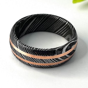 Mens Damascus Wedding Band, Fathers Day Gifts for Dad, Engagement Ring with 2 Thin Copper Wire Inlay Promise Ring