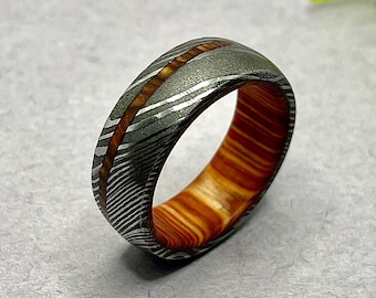 Damascus Steel Whiskey Barrel Ring with Wood Inlay, Handmade Mens Wedding Band