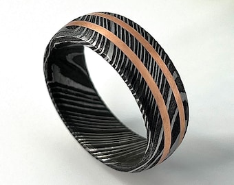 Damascus Steel Ring for Men, Domed Engagement Wedding Band, Custom Width 4mm to 10mm, Handmade Etched Pattern Ring, Unique Gift for Dad