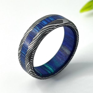 Damascus Steel Whiskey Barrel Steel Rings Dome Promise Ring Wood Wedding Ring Damascus Steel Rings Wood Inlay Engagement Ring Wedding Band