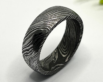 Damascus Steel Ring for Men, Domed Engagement Wedding Band, Custom Width 4mm to 10mm, Handmade Etched Pattern Ring, Unique Gift for Dad