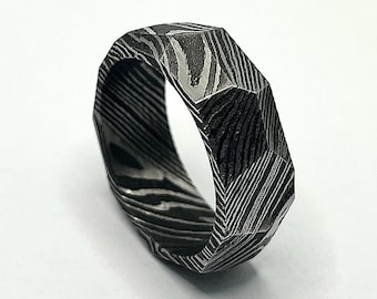 Damascus Steel Ring for Men, Domed Engagement Wedding Band, Custom Width 4mm to 10mm, Handmade Etched Pattern Ring, Unique Gift for Dad