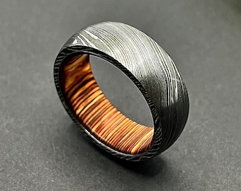 Damascus and Whiskey Barrel Wood Ring, Mens Ring, Mens Wedding Band, Anniversary Gift, Unique Promise Ring, Engagement Ring, Viking Ring