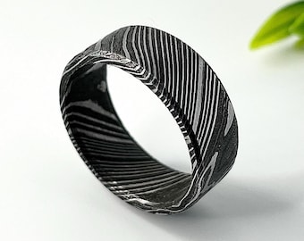 Damascus Steel Ring for Men, Domed Engagement Wedding Band, Custom Width 4mm to 10mm, Handmade Etched Pattern Ring, Unique Gift for Dad
