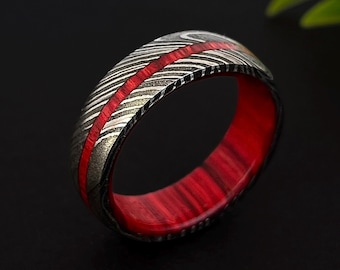 Unique Gift, Viking Ring, Damascus Ring Norse Ring, Promise Ring, Gift for Him, Unique Womens Ring, Unique Gift, Red Wood Ring