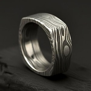 Damascus Steel Square Ring | Engagement Ring, Silver Ring, Mens Wedding Band, Promise Ring, Vintage Ring, Mens Rings