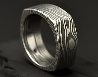 Damascus Steel Square Ring | Engagement Ring, Silver Ring, Mens Wedding Band, Promise Ring, Vintage Ring, Mens Rings