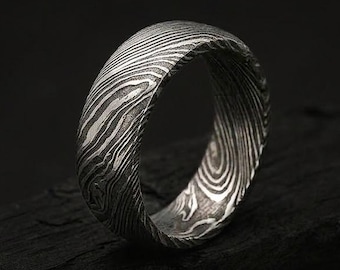 Damascus Steel Ring for Men, Domed Engagement Wedding Band, Handmade Etched Pattern Ring, Unique Gift for Dad, Silver Ring, Promise Rings