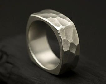 Hammered Titanium Ring – Square Ring, Mens engagement ring, mens promise ring, Mens Silver Ring, Mens wedding band, Vintage Ring,