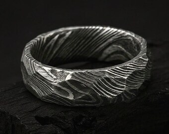 Damascus Silver Ring for Men, Women - Hammered Ring -Box Engraving - Mens Silver Ring - Silver Band - 4mm to 10mm Custom Width -Gift for Him