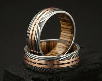 Damascus and Whiskey Barrel Wood Ring, Mens Ring, Mens Wedding Band, Anniversary Gift, Unique Promise Ring, Engagement Ring, Copper Ring