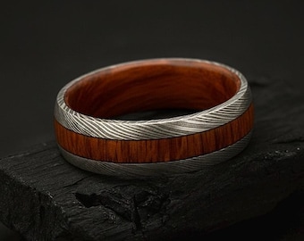 Damascus Whiskey Barrel Ring, Wood Ring, Mens Ring, Mens Wedding Band, Anniversary Gift, Unique Promise Ring, Engagement Ring