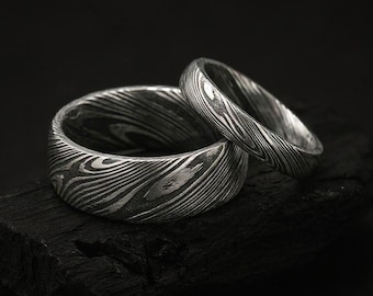 His and Hers Ring, Personalized Promise Rings for Couple, Custom Matching Rings Set, Silver Damascus Ring, Engagement Ring, Wedding Band