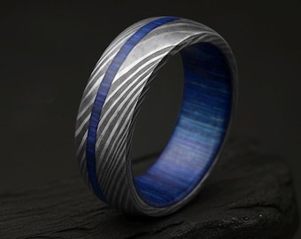 Unique Gift, Viking Ring, Damascus Ring, Norse Ring, Promise Ring, Gift for Him, Unique Womens Ring, Unique Gift, Blue Wood Inlay Ring