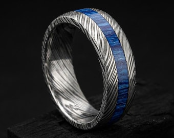 Silver Whiskey Barrel Ring, Mens Wedding Band, Unique Statement Bands For Men, Damascus Blue Wood Inlay Weddings Rings, Manly Promise Ring