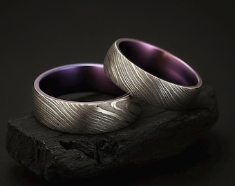 Matching Couple Ring Set, Engagement Rings, Titanium Damascus His and Hers Wedding Band Womens Titanium Ring Men Damascus Ring, Promise Ring