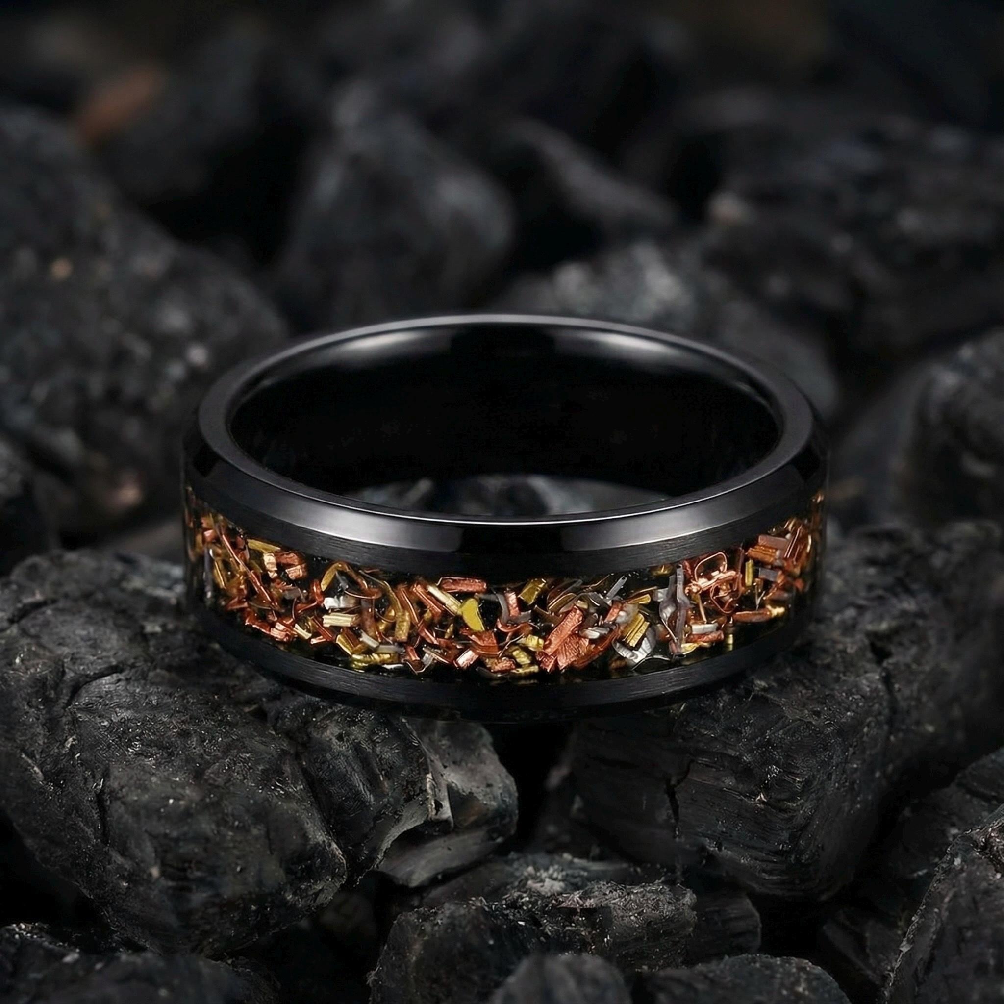 Men's 5mm Black Stainless Steel Ring - Engraved Love Words With CZ Inlay, Wedding Band