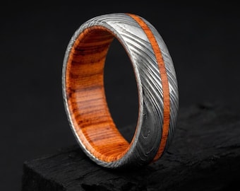 Damascus Steel Whiskey Barrel Ring with Wood Inlay, Handmade Mens Wedding Band