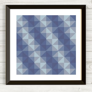 Könnte beinhalten: Abstraktes geometrisches Muster in Blau- und Hellblautönen. Das Muster besteht aus sich überlappenden Dreiecken.