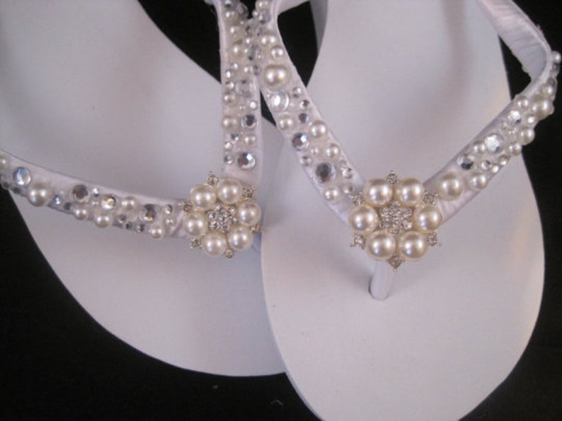 Custom Color Your Choice Pearl Crystal Bridal Flip Flops Gianna Bling Shoes for Destination Beach Wedding Custom Gem Bridal Sandals