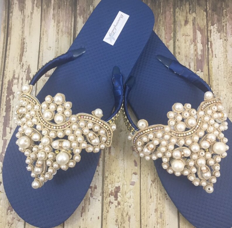 Gold Pearl Bridal Flip Flops Custom Navy Blue Pearl Shoes | Etsy