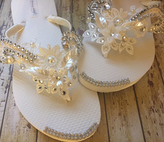 Olivia Ivory Lace Bridal Flip Flops Pearl Rhinestone Custom Etsy