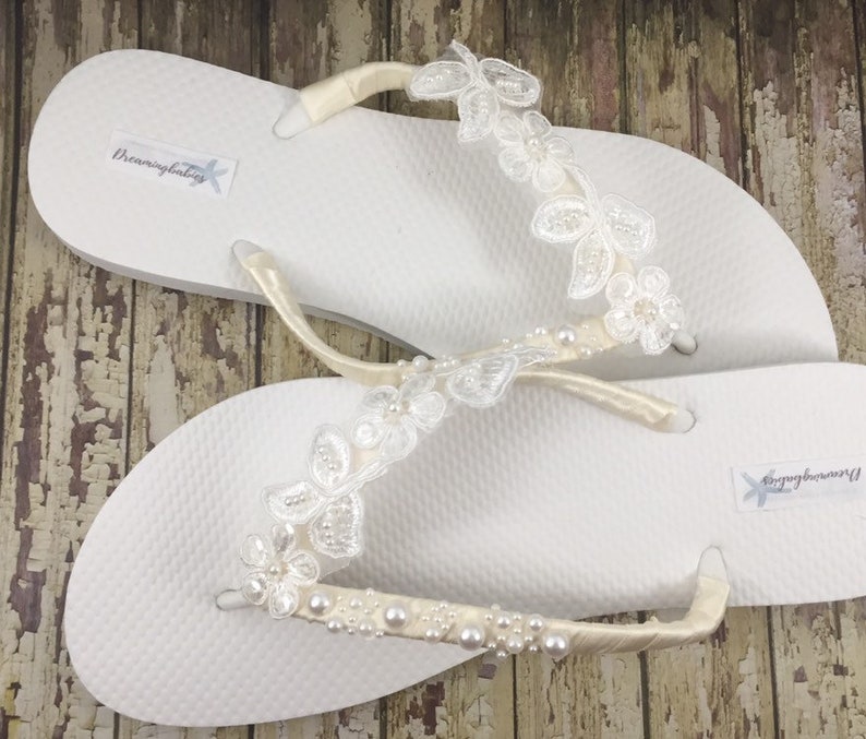Ivory Lace Bridal Flip Flops Bride To Be Gift Custom Wedding Etsy
