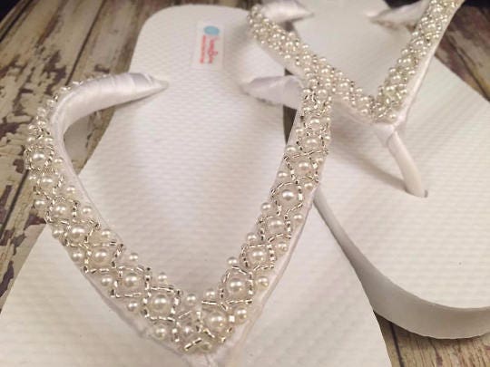 Pearl Bridal Flip Flops Custom Beaded Wedding Sandals Satin | Etsy