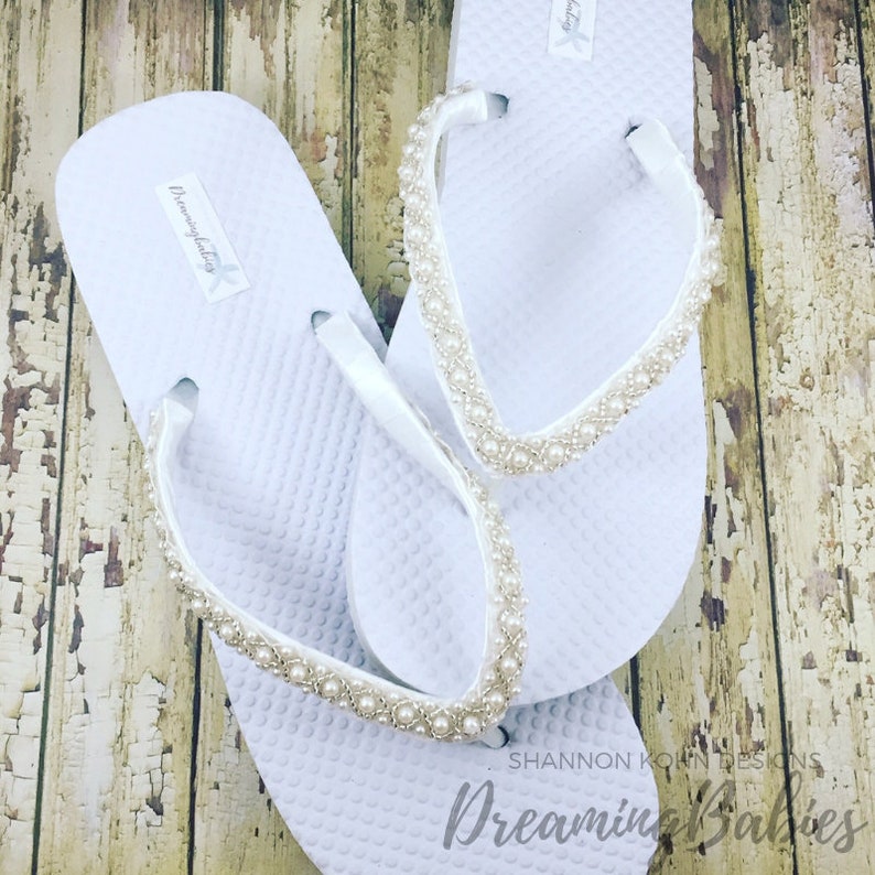 Beaded Bridal Flip Flops White Wedge Custom Emma Pearl Flip | Etsy