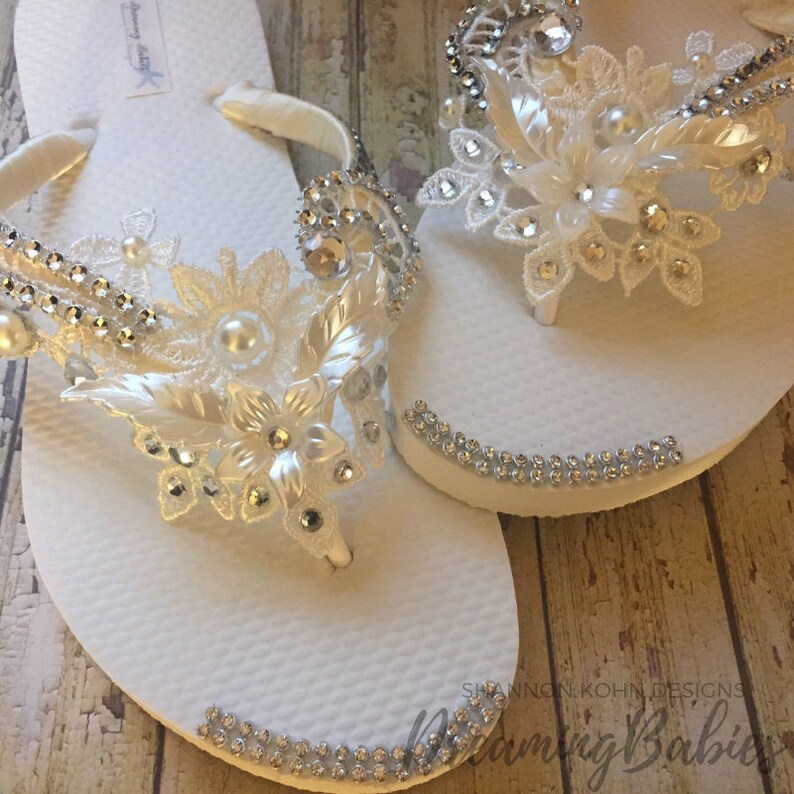 Ivory Lace Bridal Flip Flops Rhinestone Flip Flops Olivia Etsy