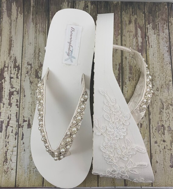 Ivory Bridal Flip Flops Lace Wedding Wedge Flip Flops with | Etsy