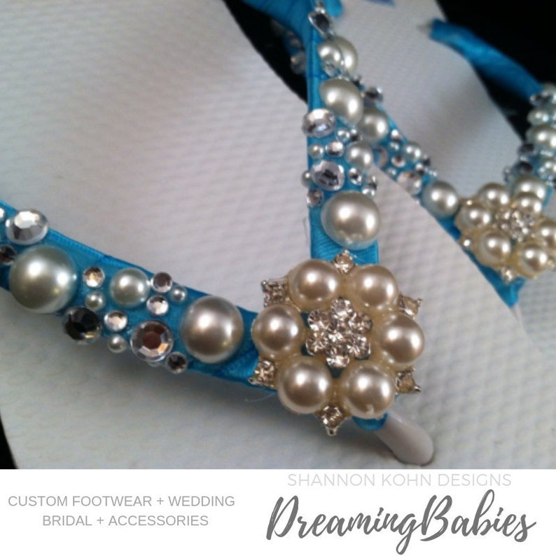 Custom Color Your Choice Pearl Crystal Bridal Flip Flops Gianna Bling Shoes for Destination Beach Wedding Custom Gem Bridal Sandals