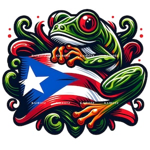 May include: A colourful illustration featuring a green frog with red eyes, set against the Puerto Rican flag. The frog is surrounded by stylised green and red swirls. The text "KAIROTZ" is repeated across the image.