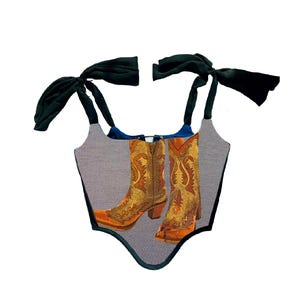 Cowboy Boots Tapestry Corset Bustier - Handmade Corset Top for Women - Lace-up Corset