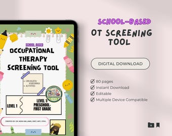 Può includere: Un tablet mostra un download digitale per uno strumento di screening di terapia occupazionale scolastica. Il testo include "Livello 1: Scuola dell'infanzia-Prima elementare" e dettagli su liste di controllo, screening e attività.