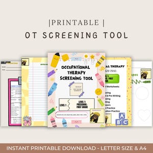 Könnte beinhalten: Eine Sammlung druckbarer Ergotherapie-Screening-Tools. Das zentrale Dokument zeigt den Titel "Occupational Therapy Screening Tool" mit farbenfrohen Illustrationen von Buntstiften und Schulmaterialien. Der Text "Level 1: Preschool-First Grade" ist ebenfalls sichtbar.