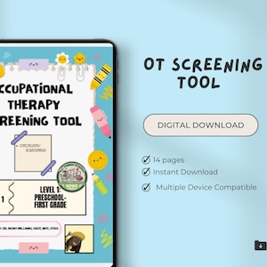 Puede incluir: Una descarga digital titulada "Occupational Therapy Screening Tool" con el texto "Level 1: Preschool-First Grade". La imagen incluye ilustraciones coloridas de lápices, crayones y otros útiles escolares. La descarga incluye 14 páginas y está disponible al instante.