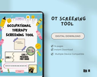 Può includere: Un download digitale intitolato "Occupational Therapy Screening Tool" con il testo "Level 1: Preschool-First Grade". L'immagine include illustrazioni colorate di matite, pastelli e altri materiali scolastici. Il download include 14 pagine ed è disponibile immediatamente.