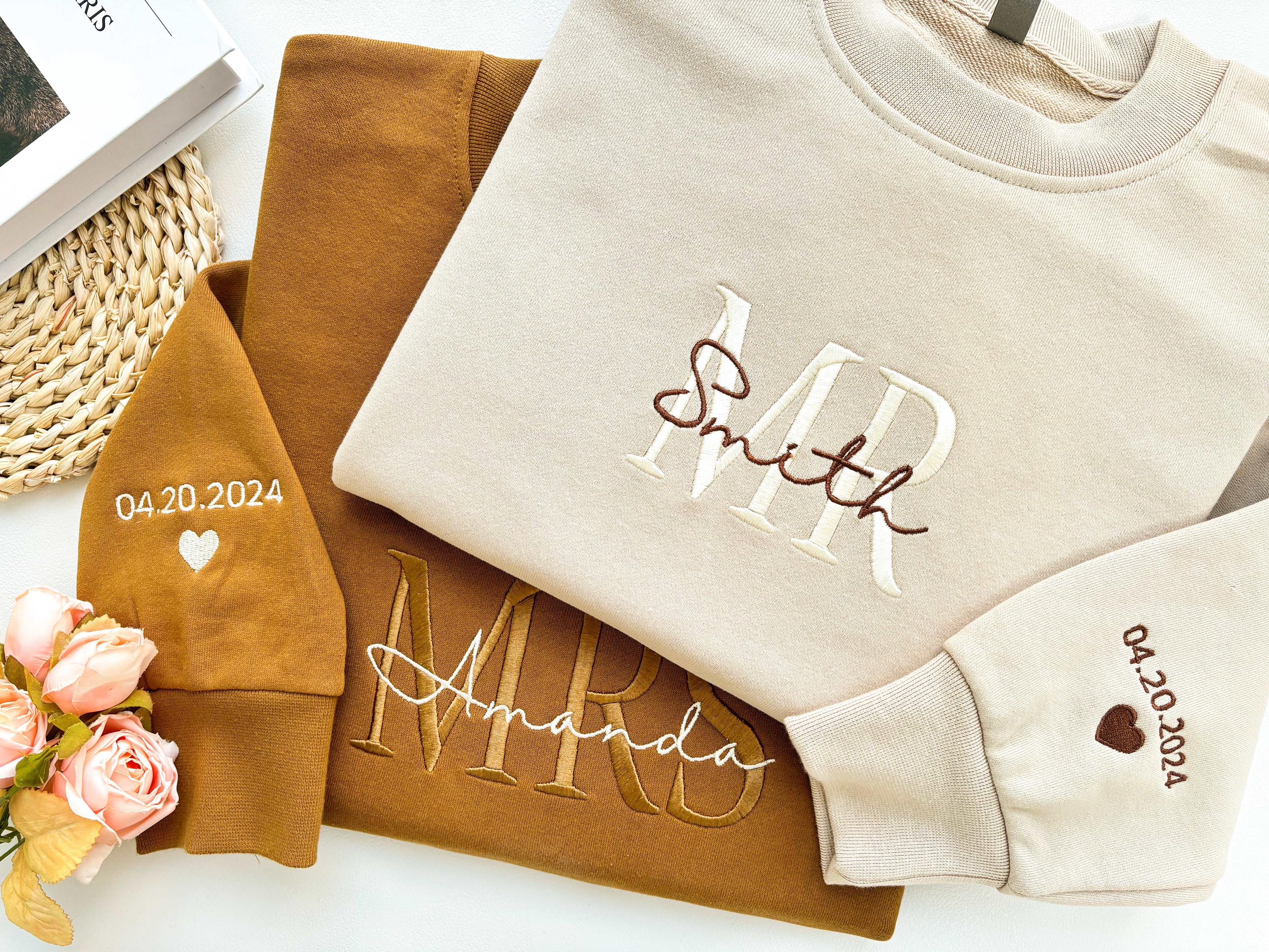 Custom Mrs. Embroidered Sweatshirt,Future Mrs. and Mr. Hoodie,Couple's Gift,Date On Sleeve,Gift for Her,Newlywed Gifts