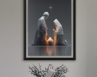 Geometrische Weihnachtskrippe Poster – Moderne Heilige Familie Illustration mit Silberstern, Minimalistische Polygon Kunst fürs Zuhause