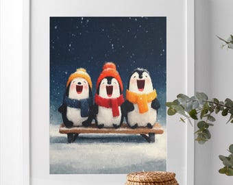 Laughing Penguins on Snowy Bench Winter Illustration – Festive Cartoon Wall Art for Kids & Holiday Decor