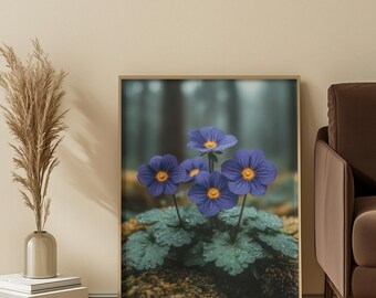 Purple Violets in Mossy Forest – Vertical Poster | Botanical Photography Print | Woodland Wall Art | Unframed