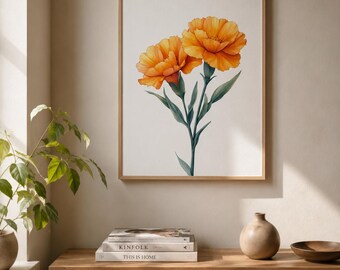 Yellow Carnation Poster | Minimalist Botanical Wall Art | Orange Floral Illustration Print | Modern Flower Decor