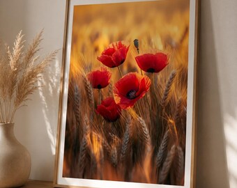 Red Poppies Poster | Golden Wheat Field Wall Art | Summer Nature Photography | Botanical Floral Print